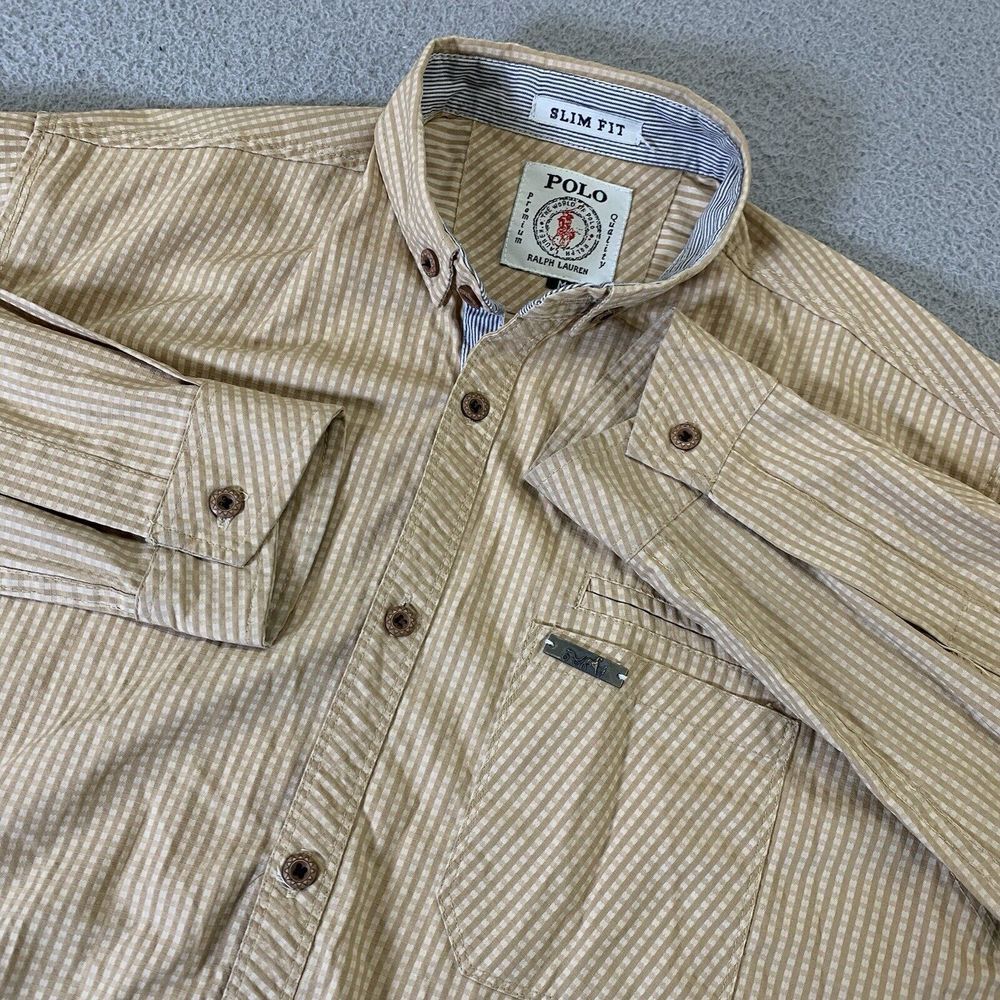 Polo Ralph Lauren Shirt Mens‎ Medium Button Up Premium Quality Tan Gengham Plaid